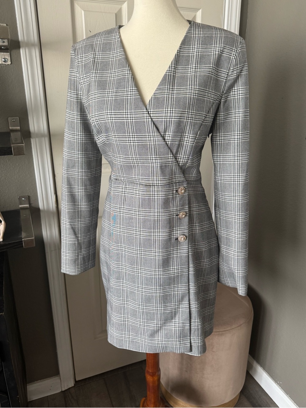 Zara Grey Plaid Long Sleeve Wrap Dress with Button Accents